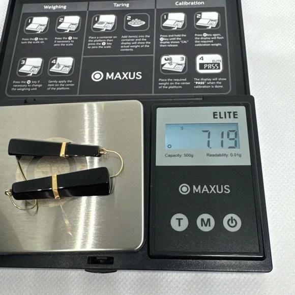 Vtg 14k Yellow Gold Dangling Earrings With Black Onyx Stone Stunning Fish Hook - Picture 14 of 16